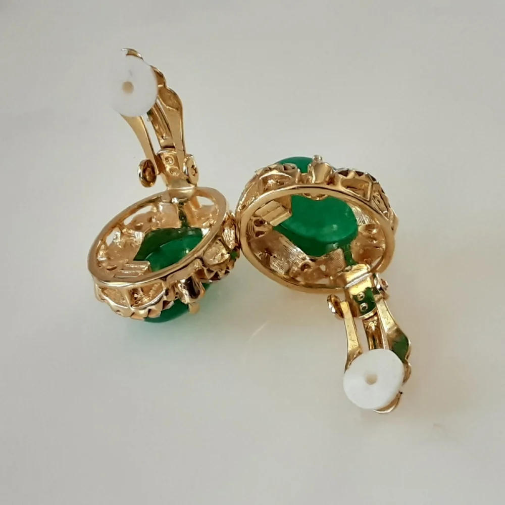Chrysoprase Cabochon Gold Plated Baguette | Round CZ Clip On Earrings - Vtg